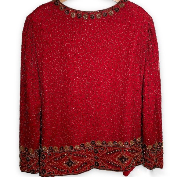Vintage Deadstock Laurence Kazar Red Silk Beaded Embellished Draped Jacket Sz 3x - Picture 4 of 12
